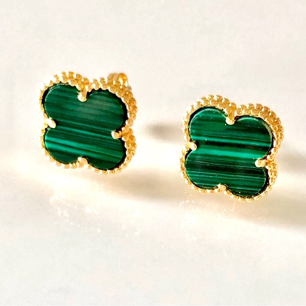 Malachite Quatrefoil Clover Motif Gold Earrings